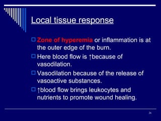Local tissue response Zone of hyperemia  or inflammation is at the outer edge of the burn. Here blood flow is ↑because of vasodilation. Vasodilation because of the release of vasoactive substances. ↑ blood flow brings leukocytes and nutrients to promote wound healing. 