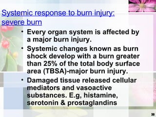 Systemic response to burn injury: severe burn Every organ system is affected by a major burn injury. Systemic changes known as burn shock develop with a burn greater than 25% of the total body surface area (TBSA)-major burn injury. Damaged tissue released cellular mediators and vasoactive substances. E.g, histamine, serotonin & prostaglandins   