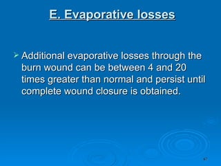 E. Evaporative losses Additional evaporative losses through the burn wound can be between 4 and 20 times greater than normal and persist until complete wound closure is obtained. 