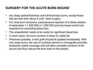 SURGERY FOR THE ACUTE BURN WOUND
• Any deep partial-thickness and full-thickness burns, except those
that are less than about 4 cm2, need surgery.
• For most burn excisions, subcutaneous injection of a dilute solution
of adrenaline 1:1 000 000 or 1:500 000 and tourniquet control are
important for controlling blood loss.
• The anaesthetist needs to be ready for significant blood loss
• in most cases, the burn excision is down to viable fat.
• Wherever possible, a skin graft should be applied immediately. With
very large burns, the use of synthetic dermis or homografts provides
temporary stable coverage and will allow complete excision of the
wound and thus reduce the burn load on the patient.
 