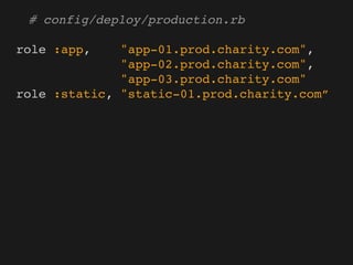 # config/deploy/production.rb

role :app,    "app-01.prod.charity.com",
              "app-02.prod.charity.com",
              "app-03.prod.charity.com"
role :static, "static-01.prod.charity.com”
 