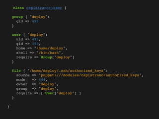 class capistrano::user {

    group { "deploy":
      gid => 499
    }

    user { "deploy":
      uid => 499,
      gid => 499,
      home => "/home/deploy",
      shell => "/bin/bash",
      require => Group["deploy"]
    }

    file { "/home/deploy/.ssh/authorized_keys":
      source => "puppet:///modules/capistrano/authorized_keys",
      mode   => 644,
      owner => "deploy",
      group => "deploy",
      require => [ User["deploy"] ]
    }

}
 