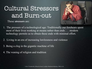 Cultural Stressors
  and Burn-out
   Those stressors are:

1. The pressure of a technological age: Traditionally our foreb...