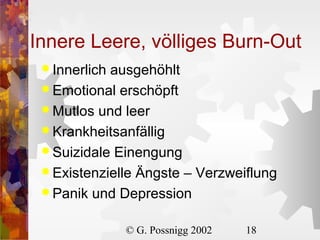 Innere Leere, völliges Burn-Out
 Innerlich

ausgehöhlt
 Emotional erschöpft
 Mutlos und leer
 Krankheitsanfällig
 Suizidale Einengung
 Existenzielle Ängste – Verzweiflung
 Panik und Depression
© G. Possnigg 2002

18

 