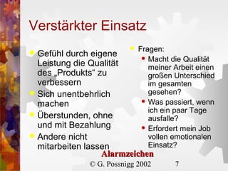 Verstärkter Einsatz


Fragen:
 Macht die Qualität
meiner Arbeit einen
großen Unterschied
im gesamten
gesehen?
 Was passiert, wenn
ich ein paar Tage
ausfalle?
 Erfordert mein Job
vollen emotionalen
Einsatz?

Gefühl durch eigene
Leistung die Qualität
des „Produkts“ zu
verbessern
 Sich unentbehrlich
machen
 Überstunden, ohne
und mit Bezahlung
 Andere nicht
mitarbeiten lassen
Alarmzeichen


© G. Possnigg 2002

7

 