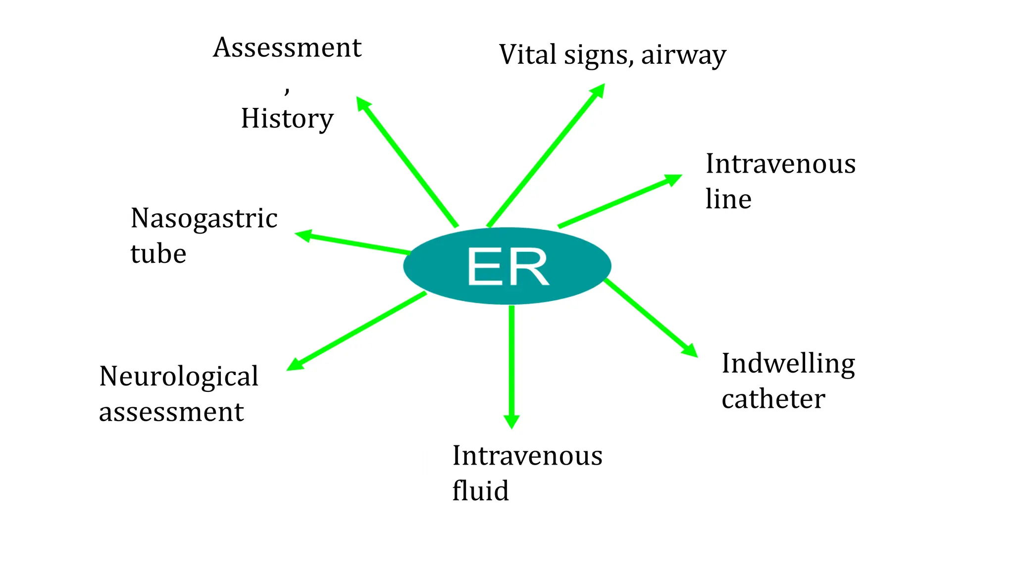 Assessment
,
History
Vital signs, airway
Intravenous
line
Indwelling
catheter
Intravenous
fluid
Neurological
assessment
Nasogastric
tube
 