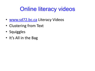 Online literacy videoswww.sd72.bc.ca Literacy VideosClustering from TextSquigglesIt’s All in the Bag