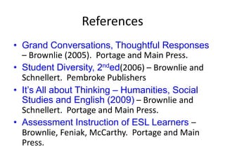 ReferencesGrand Conversations, Thoughtful Responses – Brownlie (2005).  Portage and Main Press.Student Diversity, 2nded(2006) – Brownlie and Schnellert.  Pembroke PublishersIt’s All about Thinking – Humanities, Social Studies and English (2009) – Brownlie and Schnellert.  Portage and Main Press.Assessment Instruction of ESL Learners – Brownlie, Feniak, McCarthy.  Portage and Main Press.