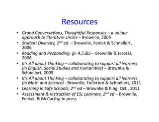Resources	
  	
  
•  Grand	
  ConversaDons,	
  ThoughHul	
  Responses	
  –	
  a	
  unique	
  
   approach	
  to	
  literature	
  circles	
  –	
  Brownlie,	
  2005	
  
•  Student	
  Diversity,	
  2nd	
  ed.	
  –	
  Brownlie,	
  Feniak	
  &	
  Schnellert,	
  
   2006	
  
•  Reading	
  and	
  Responding,	
  gr.	
  4,5,&6	
  –	
  Brownlie	
  &	
  Jeroski,	
  
   2006	
  
•  It’s	
  All	
  about	
  Thinking	
  –	
  collaboraDng	
  to	
  support	
  all	
  learners	
  
   (in	
  English,	
  Social	
  Studies	
  and	
  HumaniDes)	
  –	
  Brownlie	
  &	
  
   Schnellert,	
  2009	
  
•  It’s	
  All	
  about	
  Thinking	
  –	
  collaboraDng	
  to	
  support	
  all	
  learners	
  
   (in	
  Math	
  and	
  Science)	
  -­‐	
  Brownlie,	
  Fullerton	
  &	
  Schnellert,	
  2011	
  
•  Learning	
  in	
  Safe	
  Schools,	
  2nd	
  ed	
  –	
  Brownlie	
  &	
  King,	
  Oct.,	
  2011	
  
•  Assessment	
  &	
  InstrucDon	
  of	
  ESL	
  Learners,	
  2nd	
  ed	
  –	
  Brownlie,	
  
   Feniak,	
  &	
  McCarthy,	
  in	
  press	
  
 