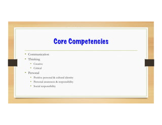 Core Competencies
•  Communication
•  Thinking
•  Creative
•  Critical
•  Personal
•  Positive personal & cultural identity
•  Personal awareness & responsibility
•  Social responsibility
 