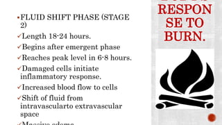 BODY’S
RESPON
SE TO
BURN.
FLUID SHIFT PHASE (STAGE
2)
Length 18-24 hours.
Begins after emergent phase
Reaches peak level in 6-8 hours.
Damaged cells initiate
inflammatory response.
Increased blood flow to cells
Shift of fluid from
intravascularto extravascular
space
 