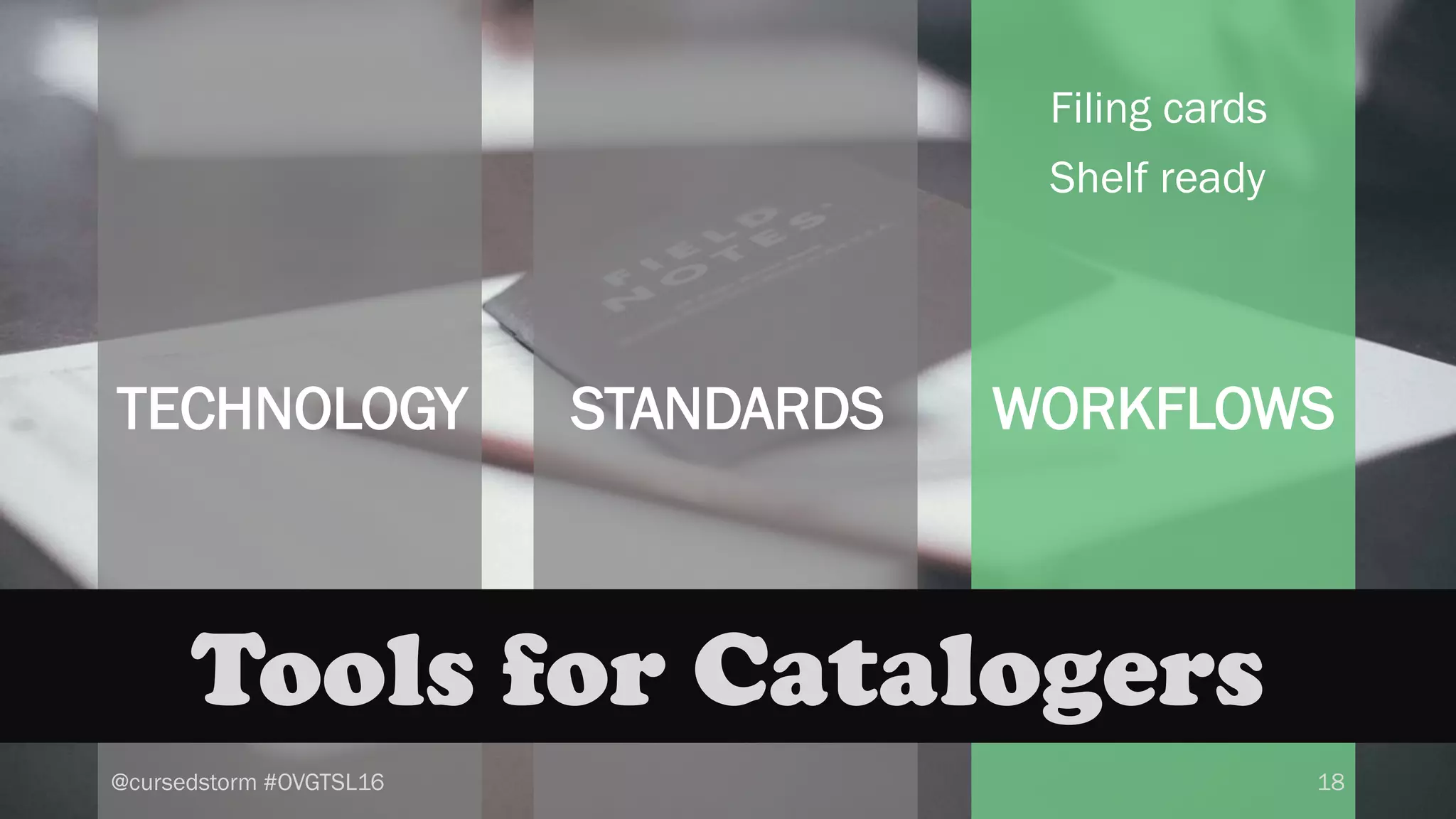 @cursedstorm #OVGTSL16 18
Tools for Catalogers
TECHNOLOGY
Filing cards
Shelf ready
WORKFLOWSSTANDARDS
 