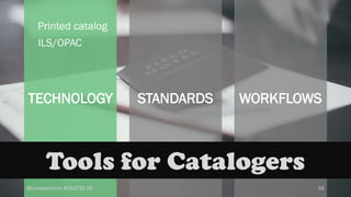 TECHNOLOGY
@cursedstorm #OVGTSL16
STANDARDS WORKFLOWS
16
Printed catalog
ILS/OPAC
Tools for Catalogers
 