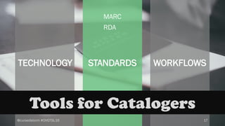 @cursedstorm #OVGTSL16
STANDARDS WORKFLOWS
17
Tools for Catalogers
TECHNOLOGY
MARC
RDA
 
