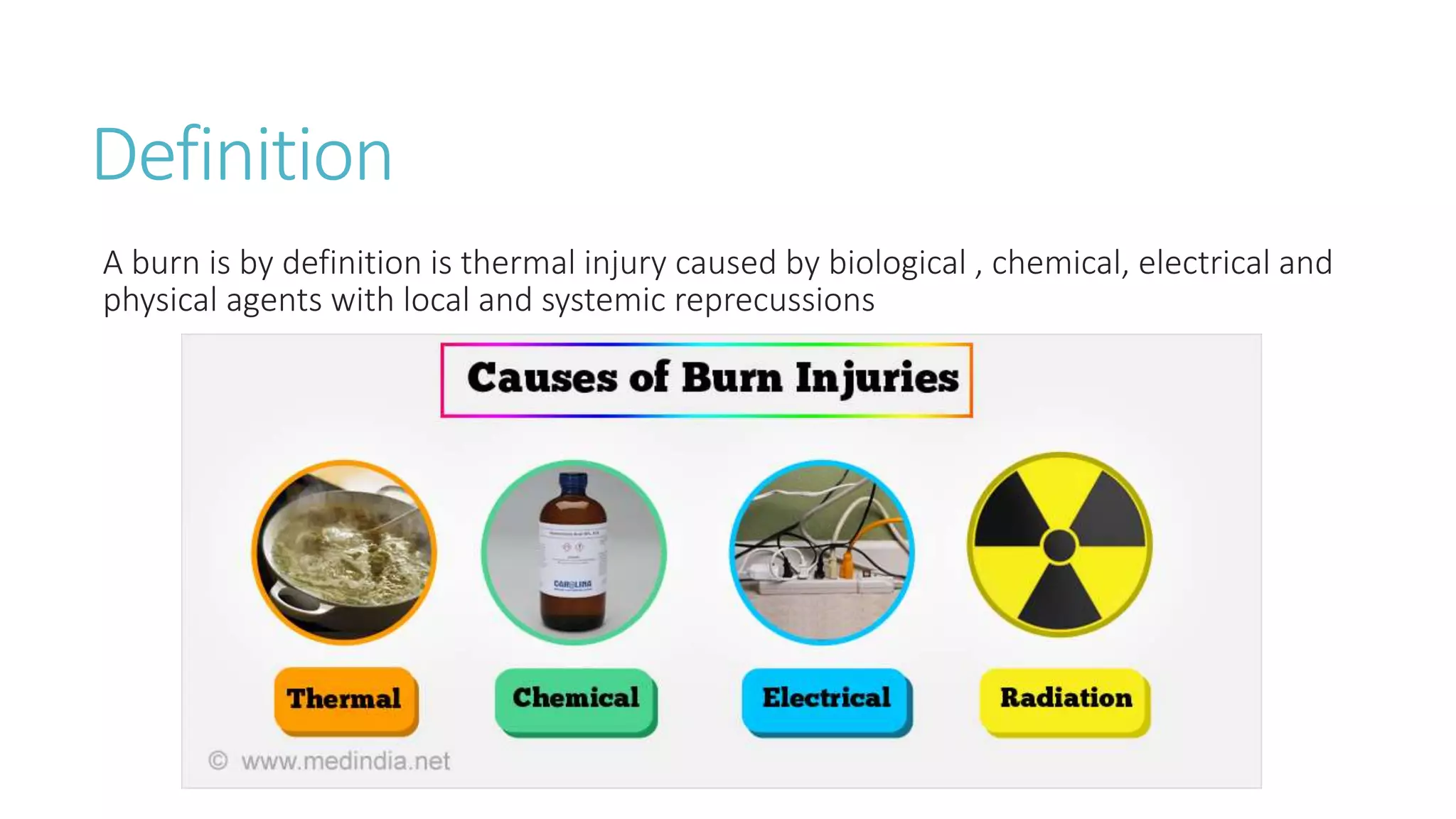 Definition
A burn is by definition is thermal injury caused by biological , chemical, electrical and
physical agents with local and systemic reprecussions
 
