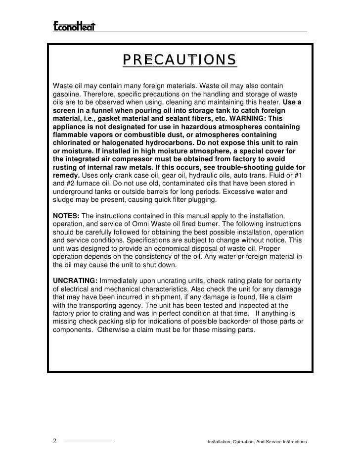 EconoHeat Manual for Vegetable Oil Heater