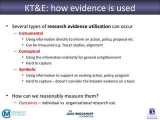 KT&E: how evidence is used
• Several types of research evidence utilisation can occur
   – Instrumental
       • Using information directly to inform an action, policy, proposal etc
       • Can be measured e.g. Tracer studies, alignment
   – Conceptual
       • Using the information indirectly for general enlightenment
       • Hard to capture
   – Symbolic
       • Using information to support an existing action, policy, program
       • Hard to capture – doesn’t consider the broader evidence on a topic


• How can we reasonably measure them?
   – Outcomes – individual vs organisational research use
 
