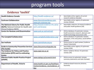 program tools
        Evidence ‘toolkit’
Health Evidence Canada                      http://health-evidence.ca/        •   Searchable online registry of current
                                                                                  research evidence (Canada)
Cochrane Collaboration                      www.thecochranelibrary.com        •   Searchable online registry of systematic
                                            www.ph.cochrane.org                   reviews (Global)
The National Library for Public Health      http://www2.evidence.nhs.uk/se        Searchable collection of research evidence
(NLPH), National Institute for Health and   arch-and-browse                       and public health guidance (UK)
Clinical Evidence (NICE)
Centre for Reviews and Dissemination        www.york.ac.uk/inst/crd/          •   Online database of systematic reviews,
                                                                                  health economics research, abstracts and
                                                                                  health technology assessments (UK)
The Campbell Collaboration                  www.campbellcollaboration.org/    •   Online database of systematic reviews:
                                                                                  education, crime and justice, social welfare
                                                                                  (Global)
Sax Institute                               www.saxinstitute.org.au           •   Online access to rapid reviews (‘evidence
                                                                                  checks’) (Australia)
Guide to Community Preventive Services www.thecommunityguide.org                  Searchable online registry of systematic
(The Guide)                                                                       reviews (USA)
The Evidence for Policy and Practice     www.eppi.ioe.ac.uk                       Online ‘evidence library’ of systematic
Information (EPPI) and Co-ordinating                                              reviews (UK)
Centre
Effective Public Health Practice Project www.ephpp.ca/ourwork.html                Online access to systematic reviews,
(EPHPP)                                                                           summary statements and tools (Canada)

Department of Health, Victoria              www.health.vic.gov.au/healthpro       Evidence-based resources (Victoria,
                                            motion/evidence_res/evidence_in       Australia)
                                            dex
 