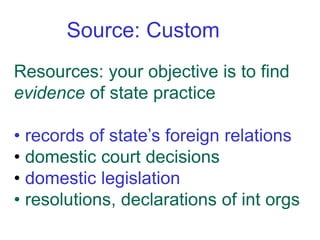 Source: Custom
Resources: your objective is to find
evidence of state practice
• records of state’s foreign relations
• domestic court decisions
• domestic legislation
• resolutions, declarations of int orgs
 