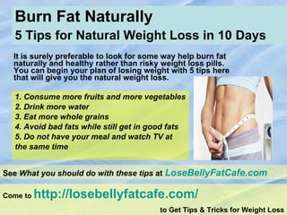 Burn Fat Naturally 5 Tips for Natural Weight Loss in 10 Days   ,[object Object],[object Object],[object Object],[object Object],[object Object],[object Object],[object Object],Come to  http://losebellyfatcafe.com/   to Get Tips & Tricks for Weight Loss See  What you should do with these tips  at  LoseBellyFatCafe.com 