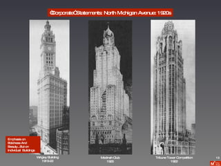 “ Corporate” Statements: North Michigan Avenue: 1920s 13 Emphasis on Boldness And Beauty...But on Individual  Buildings Tribune Tower Competition 1922 Wrigley Building 1919-22 Medinah Club 1925 