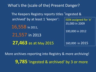 What’s the (scale of the) Present Danger?
The Keepers Registry reports titles ‘ingested &
archived’ by at least 1 ‘keeper’:
16,558 In 2011,
21,557 in 2013
27,463 as at May 2015
9,785 'ingested & archived' by 3 or more
More archives reporting into Registry & more archiving!
ISSN assigned for ‘e’
35,000 in 2009
100,000 in 2012
160,000 in 2015
 