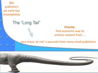 very many ‘at risk’ e-journals from many small publishers
BIG
publishers
act early but
incompletely
Priority:
find economic way to
archive content from …
 