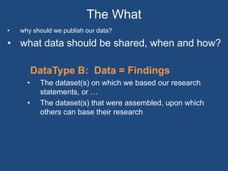 The What
• why should we publish our data?
• what data should be shared, when and how?
DataType B: Data = Findings
• The dataset(s) on which we based our research
statements, or …
• The dataset(s) that were assembled, upon which
others can base their research
 