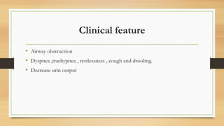 Clinical feature
• Airway obstruction
• Dyspnea ,trachypnea , restlessness , cough and drooling.
• Decrease urin output
 