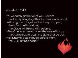 Micah 2:12-13
12 “I will surely gather all of you, Jacob;
I will surely bring together the remnant of Israel.
I will bring them together like sheep in a pen,
like a flock in its pasture;
the place will throng with people.
13 The One who breaks open the way will go up
they will break through the gate and go out.
Their King will pass through before them,
the LORD at their head.”
 
