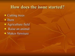 How does the issue started? Cutting trees Burn Agriculture field Raise an animal Makes furniture 