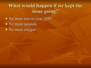 What would happen if we kept the issue going? No more tree in year 2050 No more animals No more oxygen  