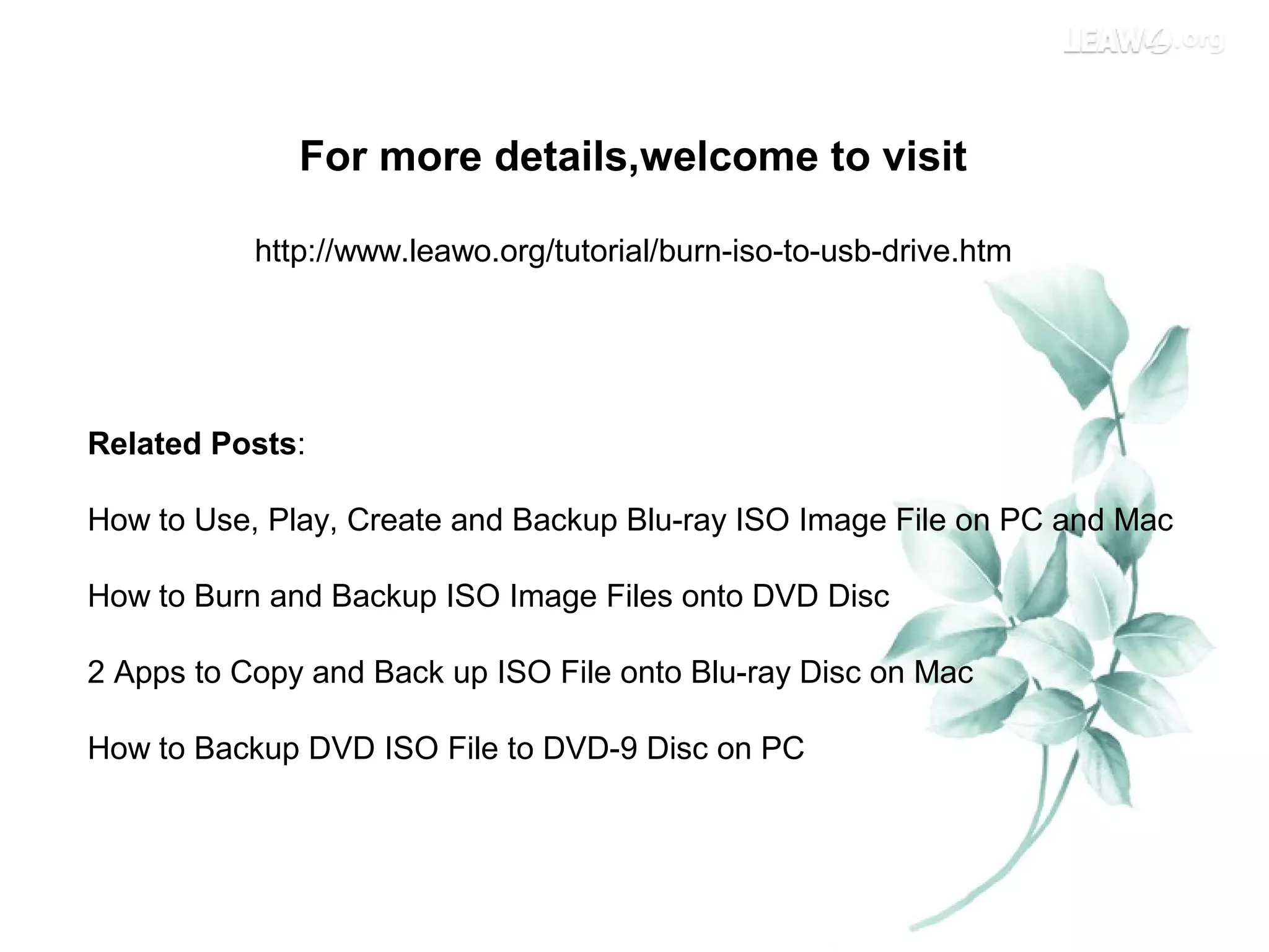 For more details,welcome to visit
http://www.leawo.org/tutorial/burn-iso-to-usb-drive.htm
Related Posts:
How to Use, Play, Create and Backup Blu-ray ISO Image File on PC and Mac
How to Burn and Backup ISO Image Files onto DVD Disc
2 Apps to Copy and Back up ISO File onto Blu-ray Disc on Mac
How to Backup DVD ISO File to DVD-9 Disc on PC
 
