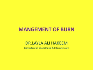 MANGEMENT OF BURN
DR.LAYLA ALI HAKEEM
Consultant of anaesthesia & Intensive care
 