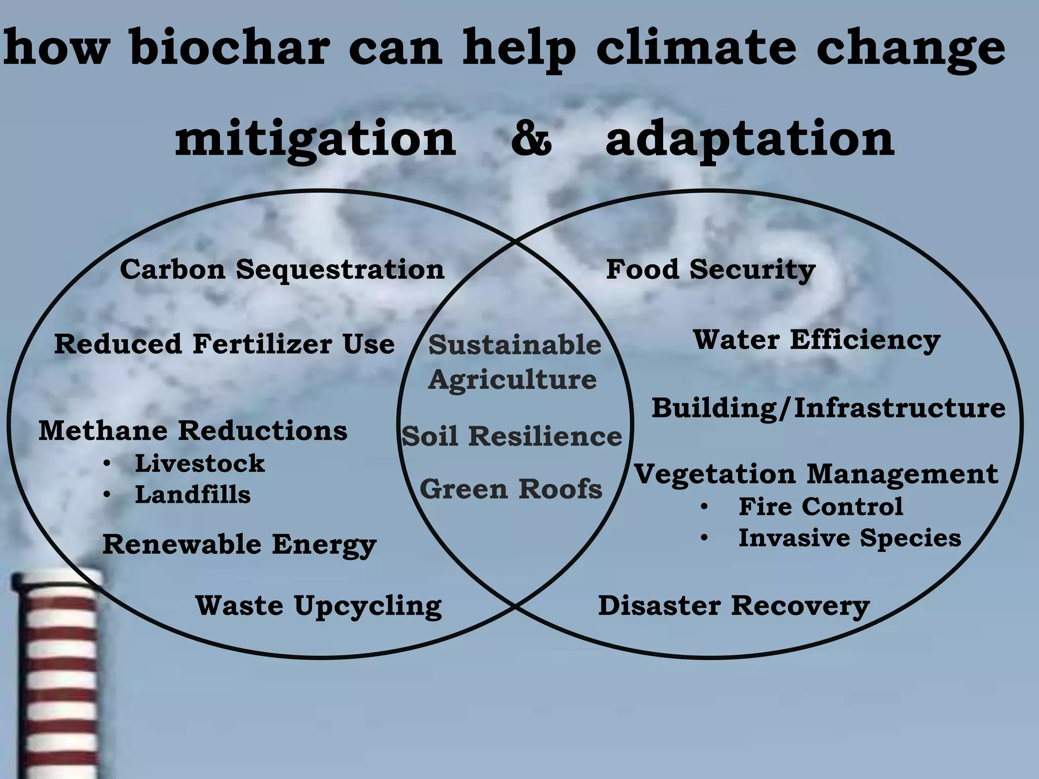 mitigation & adaptation
Carbon Sequestration
Renewable Energy
Methane Reductions
• Livestock
• Landfills
Reduced Fertilizer Use
Waste Upcycling
Soil Resilience
Green Roofs
Sustainable
Agriculture
Food Security
Water Efficiency
Disaster Recovery
Building/Infrastructure
Vegetation Management
• Fire Control
• Invasive Species
how biochar can help climate change
 