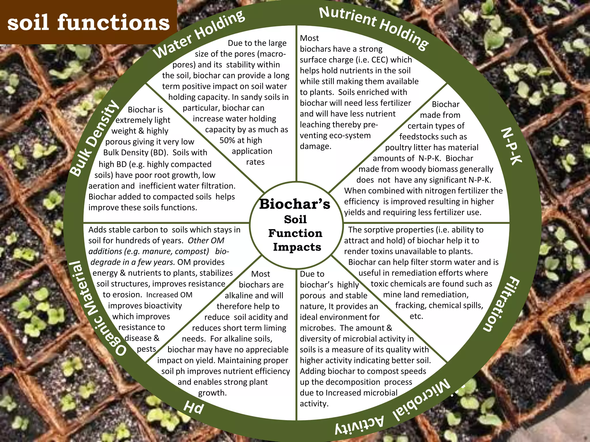 soil functions
Biochar’s
Soil
Function
Impacts
Adds stable carbon to soils which stays in
soil for hundreds of years. Other OM
additions (e.g. manure, compost) bio-
degrade in a few years. OM provides
energy & nutrients to plants, stabilizes
soil structures, improves resistance
to erosion. Increased OM
Most
biochars have a strong
surface charge (i.e. CEC) which
helps hold nutrients in the soil
while still making them available
to plants. Soils enriched with
biochar will need less fertilizer
and will have less nutrient
leaching thereby pre-
venting eco-system
damage.
extremely light
weight & highly
porous giving it very low
Bulk Density (BD). Soils with
high BD (e.g. highly compacted
soils) have poor root growth, low
aeration and inefficient water filtration.
Biochar added to compacted soils helps
improve these soils functions.
Biochar is
improves bioactivity
which improves
resistance to
disease &
pests
Due to
biochar’s highly
porous and stable
nature, It provides an
ideal environment for
microbes. The amount &
diversity of microbial activity in
soils is a measure of its quality with
higher activity indicating better soil.
Adding biochar to compost speeds
up the decomposition process
due to Increased microbial
activity.
Biochar
made from
certain types of
feedstocks such as
poultry litter has material
amounts of N-P-K. Biochar
made from woody biomass generally
does not have any significant N-P-K.
When combined with nitrogen fertilizer the
efficiency is improved resulting in higher
yields and requiring less fertilizer use.
Due to the large
size of the pores (macro-
pores) and its stability within
the soil, biochar can provide a long
term positive impact on soil water
holding capacity. In sandy soils in
particular, biochar can
increase water holding
capacity by as much as
50% at high
application
rates
The sorptive properties (i.e. ability to
attract and hold) of biochar help it to
render toxins unavailable to plants.
Biochar can help filter storm water and is
useful in remediation efforts where
toxic chemicals are found such as
mine land remediation,
fracking, chemical spills,
etc.
Most
biochars are
alkaline and will
therefore help to
reduce soil acidity and
reduces short term liming
needs. For alkaline soils,
biochar may have no appreciable
impact on yield. Maintaining proper
soil ph improves nutrient efficiency
and enables strong plant
growth.
 