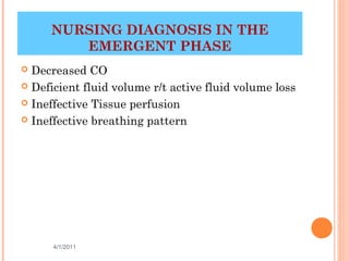NURSING DIAGNOSIS IN THE
        EMERGENT PHASE
 Decreased CO
 Deficient fluid volume r/t active fluid volume loss

 Ineffective Tissue perfusion

 Ineffective breathing pattern




      4/1/2011                              31
 