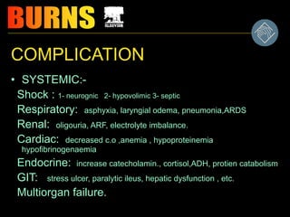 COMPLICATION
• SYSTEMIC:-
Shock : 1- neurognic 2- hypovolimic 3- septic
Respiratory: asphyxia, laryngial odema, pneumonia,ARDS
Renal: oligouria, ARF, electrolyte imbalance.
Cardiac: decreased c.o ,anemia , hypoproteinemia
hypofibrinogenaemia
Endocrine: increase catecholamin., cortisol,ADH, protien catabolism
GIT: stress ulcer, paralytic ileus, hepatic dysfunction , etc.
Multiorgan failure.
 
