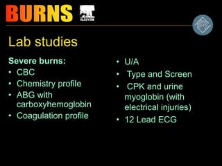 Lab studies
Severe burns:
• CBC
• Chemistry profile
• ABG with
carboxyhemoglobin
• Coagulation profile
• U/A
• Type and Screen
• CPK and urine
myoglobin (with
electrical injuries)
• 12 Lead ECG
 