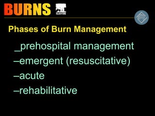 Phases of Burn Management
_prehospital management
–emergent (resuscitative)
–acute
–rehabilitative
 