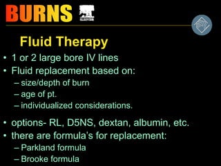 Fluid Therapy
• 1 or 2 large bore IV lines
• Fluid replacement based on:
– size/depth of burn
– age of pt.
– individualized considerations.
• options- RL, D5NS, dextan, albumin, etc.
• there are formula’s for replacement:
– Parkland formula
– Brooke formula
 