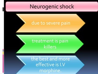 Neurogenic shock
due to severe pain
treatment is pain
killers
the best and more
effective is I.V
morphine.
 
