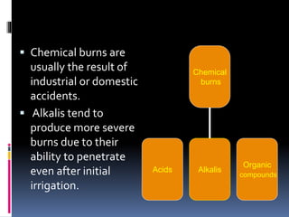  Chemical burns are
usually the result of
industrial or domestic
accidents.
 Alkalis tend to
produce more severe
burns due to their
ability to penetrate
even after initial
irrigation.
Chemical
burns
Acids Alkalis
Organic
compounds
 