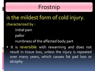Frostnip
is the mildest form of cold injury.
characterized by :
initial pain
pallor
numbness of the affected body part
 It is reversible with rewarming and does not
result in tissue loss, unless the injury is repeated
over many years, which causes fat pad loss or
atrophy
 