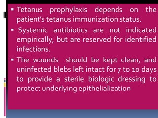  Tetanus prophylaxis depends on the
patient’s tetanus immunization status.
 Systemic antibiotics are not indicated
empirically, but are reserved for identified
infections.
 The wounds should be kept clean, and
uninfected blebs left intact for 7 to 10 days
to provide a sterile biologic dressing to
protect underlying epithelialization
 