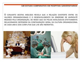 Um estudo comparativo em Hospitais UniversitáriosO conjunto destas análises revela que a relação existente entre os valores organizacionais e o desenvolvimento da síndrome de burnouté mediada pela organização, de modo que os pólos axiológicos efetivamente relacionados dependem da configuração geral da cultura organizacional de cada uma e dos conflitos que lhe são inerentes. 