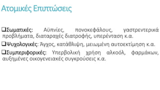 Ατομικές Επιπτώσεις
Σωματικές: Αϋπνίες, πονοκεφάλους, γαστρεντερικά
προβλήματα, διαταραχές διατροφής, υπερένταση κ.α.
Ψυχολογικές: Άγχος, κατάθλιψη, μειωμένη αυτοεκτίμηση κ.α.
Συμπεριφορικές: Υπερβολική χρήση αλκοόλ, φαρμάκων,
αυξημένες οικογενειακές συγκρούσεις κ.α.
 