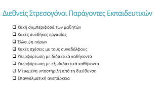Διεθνείς Στρεσογόνοι Παράγοντες Εκπαιδευτικών
 Κακή συμπεριφορά των μαθητών
 Κακές συνθήκες εργασίας
 Έλλειψη πόρων
 Κακές σχέσεις με τους συναδέλφους
 Υπερφόρτωση με διδακτικά καθήκοντα
 Υπερφόρτωση με εξωδιδακτικά καθήκοντα
 Μειωμένη υποστήριξη από τη διεύθυνση
 Επαγγελματική ανεπάρκεια
 