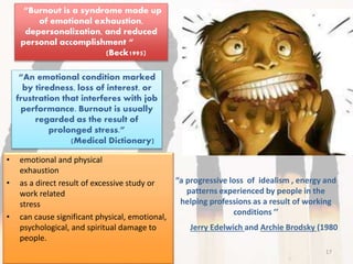 • emotional and physical
exhaustion
• as a direct result of excessive study or
work related
stress
• can cause significant physical, emotional,
psychological, and spiritual damage to
people.
17
“Burnout is a syndrome made up
of emotional exhaustion,
depersonalization, and reduced
personal accomplishment “
(Beck1995)
“An emotional condition marked
by tiredness, loss of interest, or
frustration that interferes with job
performance. Burnout is usually
regarded as the result of
prolonged stress.”
(Medical Dictionary)
“a progressive loss of idealism , energy and
patterns experienced by people in the
helping professions as a result of working
conditions ’’
Jerry Edelwich and Archie Brodsky (1980
 
