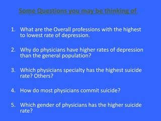 1. What are the Overall professions with the highest
to lowest rate of depression.
2. Why do physicians have higher rates of depression
than the general population?
3. Which physicians specialty has the highest suicide
rate? Others?
4. How do most physicians commit suicide?
5. Which gender of physicians has the higher suicide
rate?
Some Questions you may be thinking of.
 